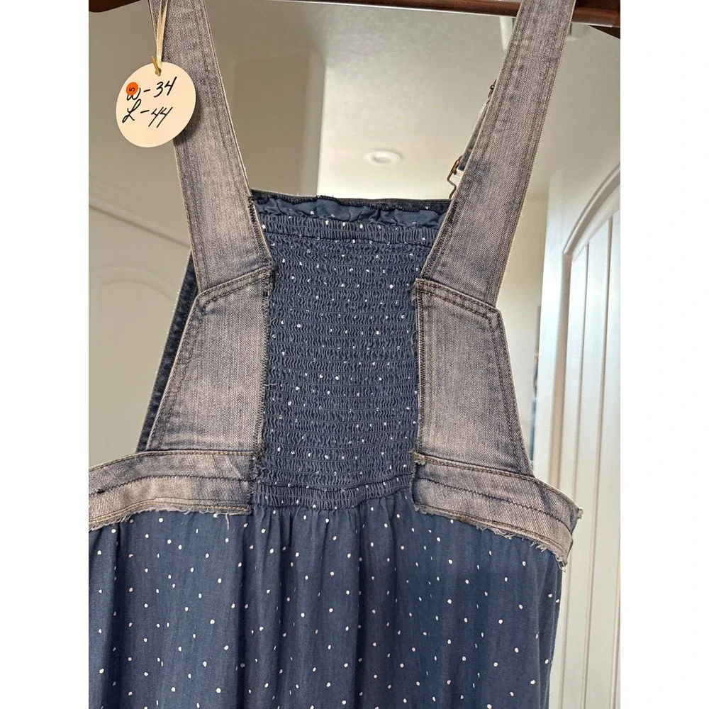 Upcycled Denim Prairie Overall Dress Cottagecore Boho Patchwork Midi Polka dot - Picture 6 of 6